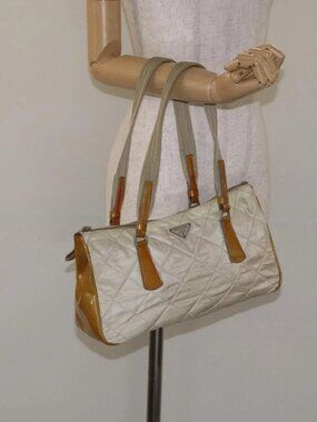 PRADA Quilted Hand Bag Nylon Beige Silver Auth ki5791